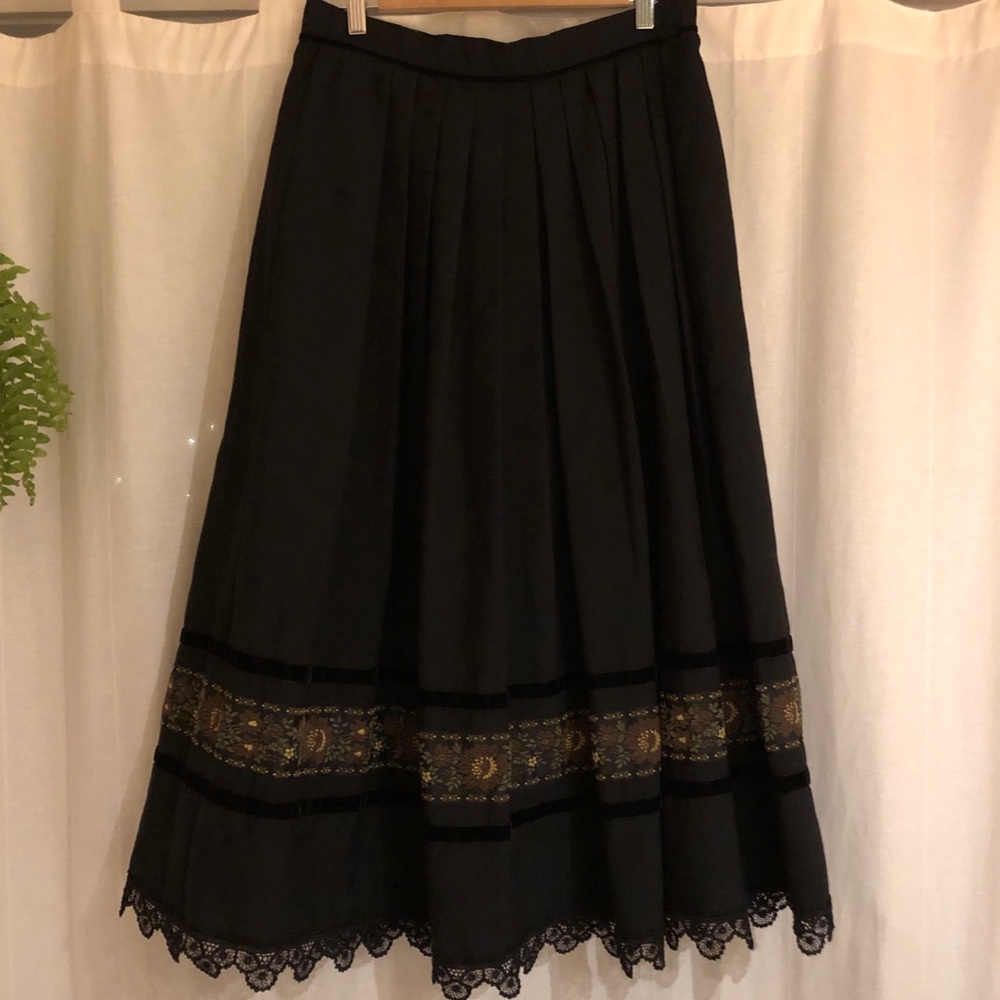Vintage Black Maxi Skirt with Embroidered Border